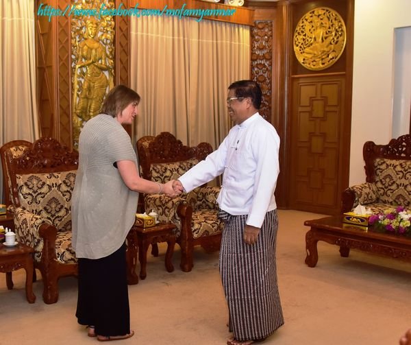 U Than Swe, Union Minister for Foreign Affairs receives Ms. Elena Ajmone Sessera, Resident Representative of the International Committee of the Red Cross(22-3-2023)