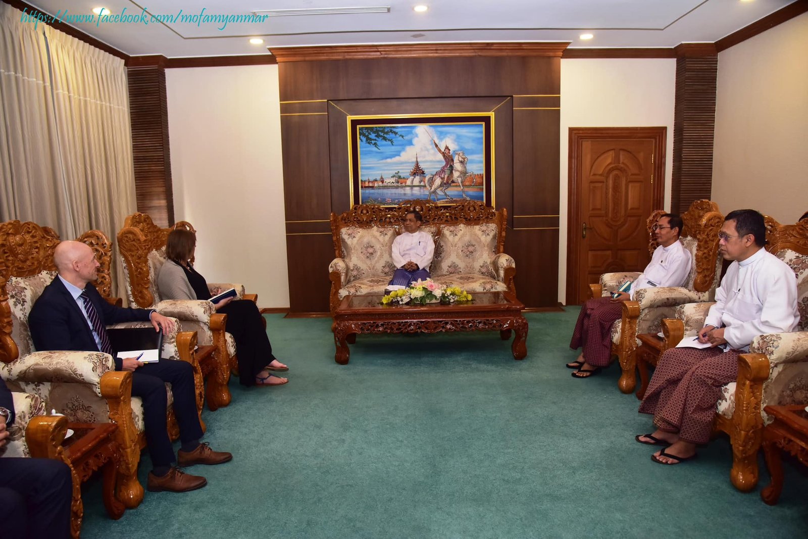 U Ko Ko Hlaing, Union Minister for International Cooperation receives Ms. Elena Ajmone Sessera, Resident Representative of the International Committee of the Red Cross(22-3-2023)