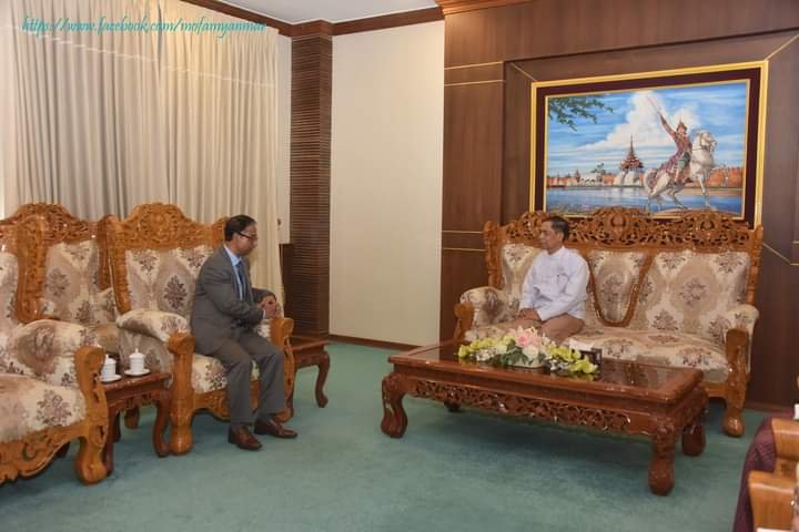 U Ko Ko Hlaing, Union Minister for International Cooperation receives H.E. Mr. Manjurul Karim Khan Chowdhury, Ambassador of Bangladesh to Myanmar (19-4-2023)