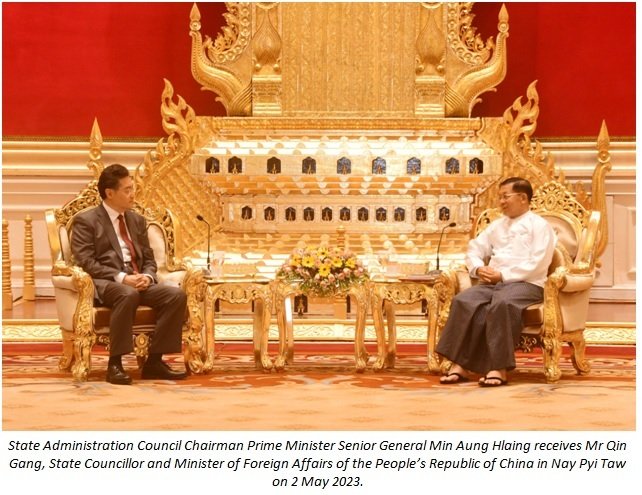 SAC Chairman Prime Minister Senior General Min Aung Hlaing receives State Councillor of People’s Republic of China and Minister of Foreign Affairs Mr.  Qin Gang