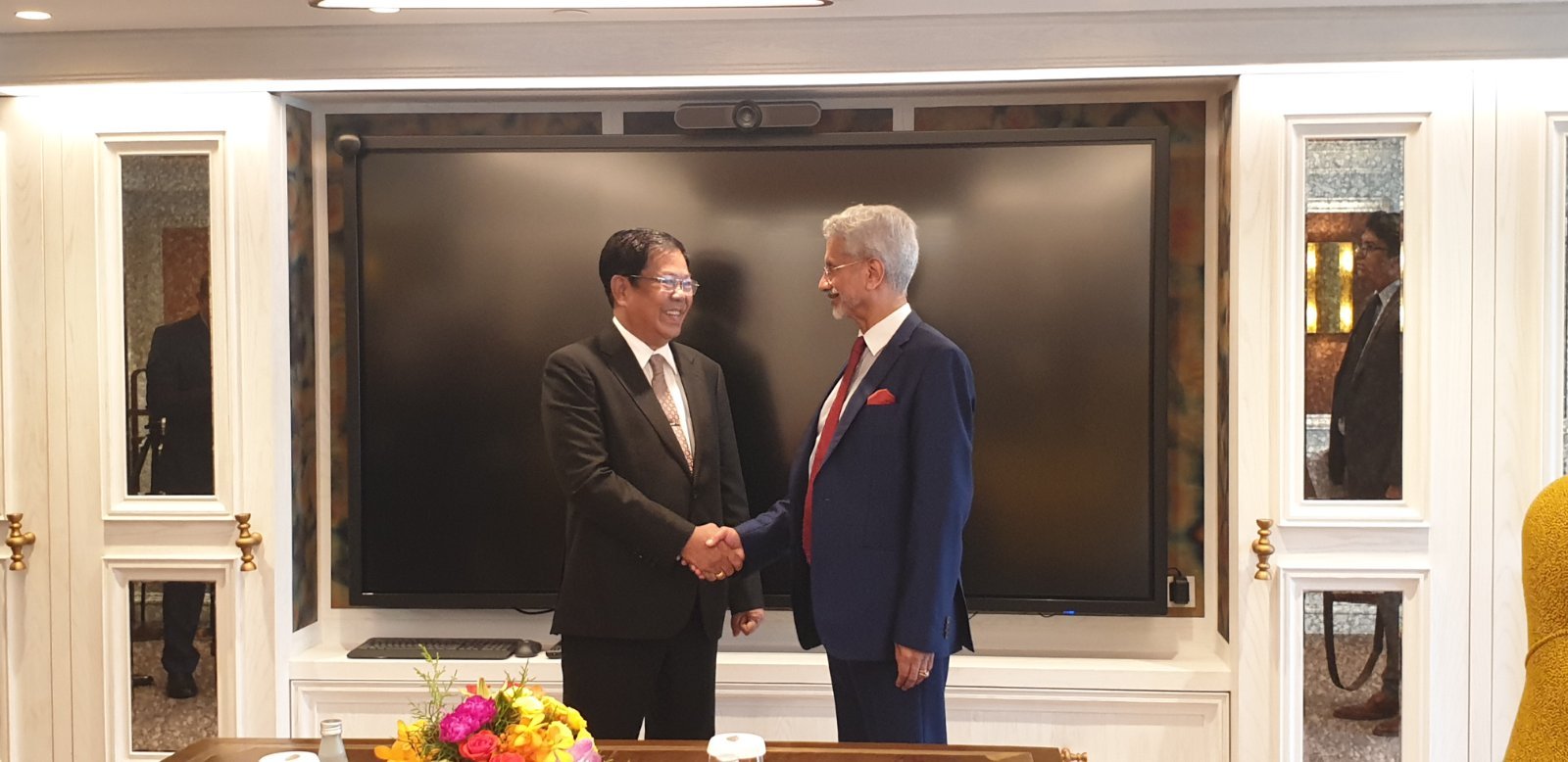 Union Minister for Foreign Affairs of Myanmar U Than Swe separately meets Indian External Affairs Minister H.E. Dr. S Jaishankar and Thai Deputy Prime Minister and Minister of Foreign Affairs H.E. Mr. Don Pramudwinai (16-7-2023)
