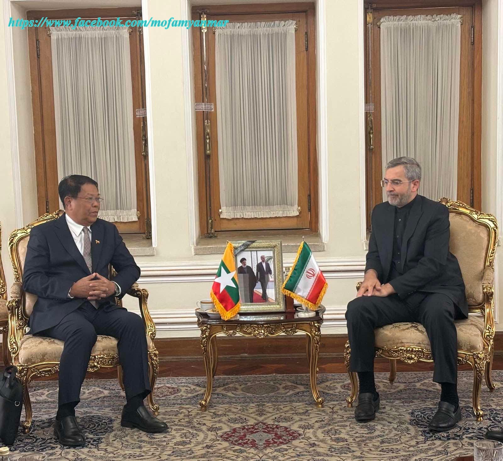 Deputy Prime Minister and Union Minister for Foreign Affairs U Than Swe meets Acting Foreign Minister of Iran on the sidelines of 19th Asia Cooperation Dialogue (ACD) Ministerial Meeting in Tehran (23-6-2024)