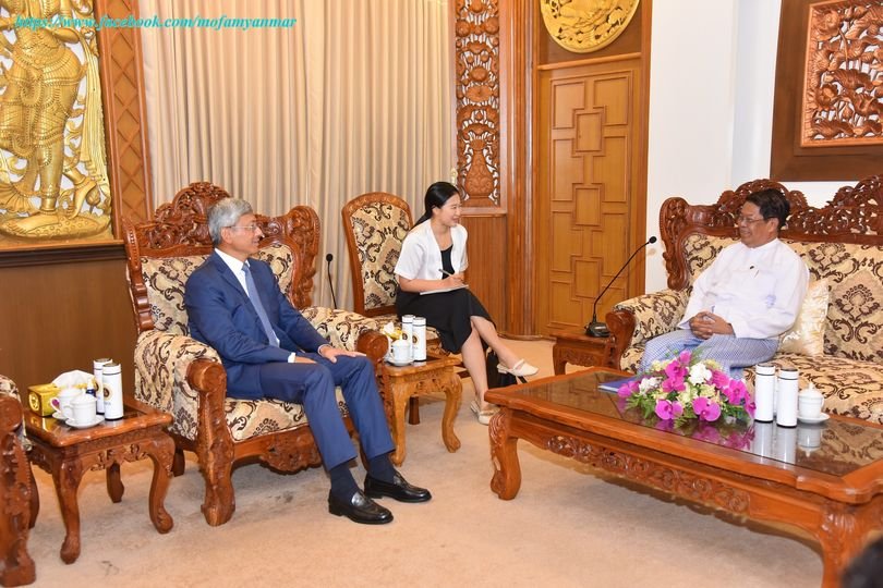 U Than Swe, Deputy Prime Minister and Union Minister for Foreign Affairs of the Republic of the Union of Myanmar receives H.E. Mr. Chen Hai, Ambassador Extraordinary and Plenipotentiary of the People’s Republic of China to Myanmar (4-7-2024)