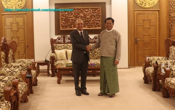 U Than Swe, Deputy Prime Minister and Union Minister for Foreign Affairs of the Republic of the Union of Myanmar, receives H.E. Mr. Harishchandra Ghimire, Ambassador Extraordinary and Plenipotentiary of Nepal to the Republic of the Union of Myanmar (10-9-2024)